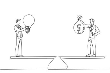 İki işadamını denge tahtasının iki ucuna çeken kesintisiz bir çizgi. Yenilikçi fikirlerin sahibi yatırımcıyla görüşür. Dünya Fuarı Ticaret Günü. Tek çizgi çizimi tasarım vektör çizimi