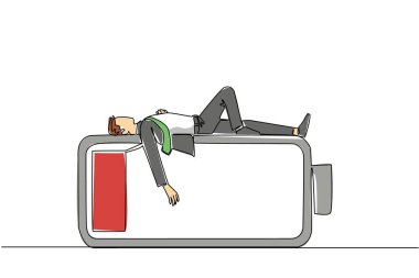 Genç bir işadamını çizen tek sıra, bataryası bitmek bilmeyen bir uykuya daldı. Daha fazla faaliyet için ilave enerjiye ihtiyacımız var. Kronik Yorgunluk Sendromu Günü. Tek çizgi çizimi tasarım vektör çizimi