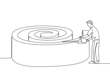 Elektrikli çim biçme makinesi tutan ve bir ağacı spiral şeklinde kesen bir erkek bahçıvan çiziyor. Basit bir labirente benziyor. Doğal sanat. Dünya Toplama Günü. Bir çizgi tasarımı vektör illüstrasyonu