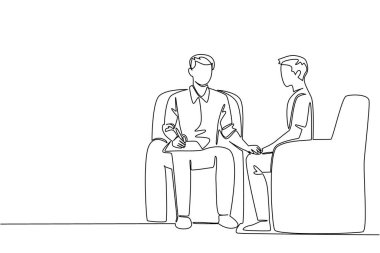 Sürekli bir çizgi, yanında bir adamın elini tutarken elinde bir pano tutan bir adam çiziyor. Dikkat et. Ulusal Akıl Sağlığı Sağlama Günü. Tek çizgi çizimi tasarım vektör çizimi