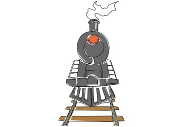 Lokomotif önünü raylarla çizmeye devam et. Girdabından duman çıkaran klasik tren. Güçlendirme. Demiryolu. Ulusal Tren Günü. Tek çizgi çizimi tasarım vektör çizimi