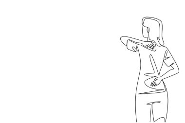 Sürekli bir çizgi, boynunu ve sırtını tutan bir kadın çiziyor. Vücut parçalarından rahatsız oluyorum. Uzun zamandır egzersiz yapmıyordun. Fibromiyalji Farkındalık Günü. Tek çizgi çizimi tasarım vektör çizimi