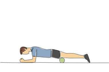 Tek sıra halinde, köpük rulo kullanarak egzersiz yapan bir adam. Karın kası hareketlerini şekillendiriyor. Travma sonrası terapi. Sağlığa. Ulusal Köpük Yuvarlama Günü. Devamlı çizgi tasarımı grafik çizimi