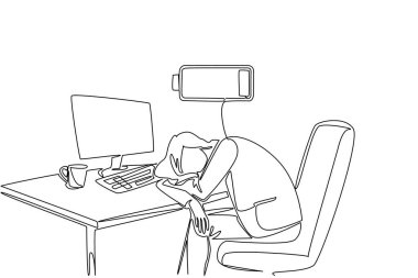 Tek sıra halinde masasında uyuyan bir iş kadını. Bir fincan sıcak kahve hala uykuyu getiriyor. Zayıf. Şarj et. Kronik Yorgunluk Sendromu Günü. Devamlı çizgi tasarımı grafik çizimi