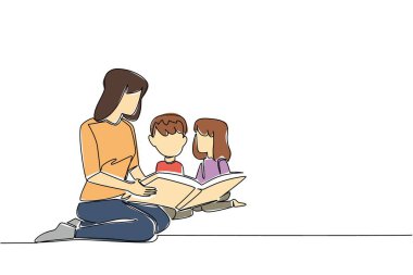 Dişi bir bebek bakıcısını çizerek bir satırda sürekli bir şekilde bir erkek ve bir kıza kitap okuyor. Dadı işini akıllıca yapıyor. Ulusal Bakıcı Günü. Tek çizgi çizimi tasarım vektör çizimi