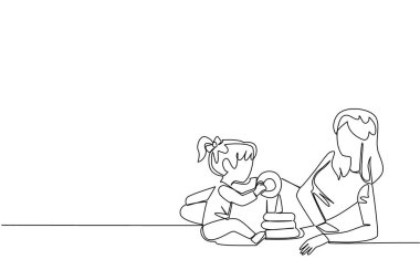 Sürekli bir çizgi, yerde çörekçilik oynayan bir kıza eşlik eden bir bebek bakıcısını çiziyor. İstihbaratı geliştiren dadı. Ulusal Bakıcı Günü. Tek çizgi çizimi tasarım vektör çizimi