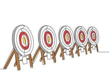 Tek sıra halinde 5 dart tahtası çiziyor. Okçuluk atış rampaları yarışma için hazır. Yetenek arıyorum. Turnuva. Okçuluk Günü. Devamlı çizgi tasarımı grafik çizimi