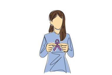 Genç bir kadının çizdiği tek çizgi iki eliyle kurdele tutuyor. Sağlığın sembolü. Bağış topluyorum. Daha fazla sağlık sorunu. Hayırseverlik. Dünya Lupus Günü. Devamlı çizgi tasarımı grafik çizimi