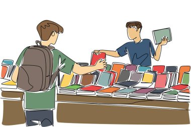 Sürekli bir çizgi çizen bir adam bir kitapçıdan kitap alıyor. Eski kitapları bulmak için en eksiksiz yer. Bir sürü koleksiyon. Ulusal Küçük İş Günü. Tek çizgi çizimi tasarım vektör çizimi