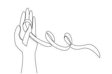 Avuç içinin açık olduğu tek bir çizgi var ve üzerinde bir kurdele var. Merhamet için yardım eli uzatmak. Başkalarına yardım etmeye davet etmek. Hastasın. Dünya Lupus Günü. Bir çizgi tasarımı vektör illüstrasyonu