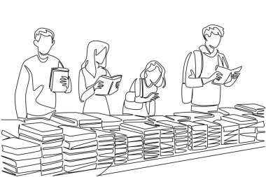 Tek sıra halinde ayakta duran bir grup kadın ve erkek çeşitli kitap yığınları arasından kitap seçiyor. Ucuz kitap pazarı. Sat gitsin. Ulusal Küçük İş Günü. Devamlı çizgi tasarımı grafik çizimi