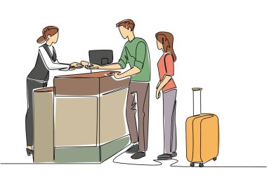 Bir satırda kadın resepsiyonist çizmek karı koca ziyaretçisine kart vermektir. Muhteşem odaya girmek için giriş kartı. Resepsiyonist Günü. Devamlı çizgi tasarımı grafik çizimi