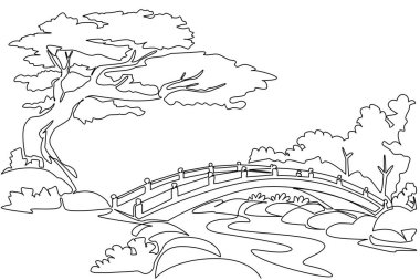 Devamlı bir çizgi, büyük ağaçlı, kırmızı ahşap köprüsü olan bir halk bahçesi çiziyor. Gözleri ve zihni rahatlatan kamu tesisleri. Ulusal Halk Bahçeleri Günü. Tek çizgi çizimi tasarım vektör çizimi