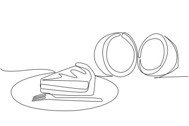 Tek sıra halinde hindistan cevizi kremalı turtayı siyah tabağın etrafına çatalla çiziyor. Güzel bir restoran tarzı tatlı. Lezzetli. Ulusal Hindistan cevizi kremalı turta günü. Devamlı çizgi tasarımı grafik çizimi