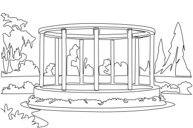 Yolları, sütunları ve bahçe çemberleri olan tek sıra halk bahçesini çiziyor. Manzara imparatorluk çağı gibi. Tarihi bir olay. Ulusal Halk Bahçeleri Günü. Devamlı çizgi tasarımı grafik çizimi