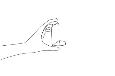 Astım spreyini tutarken sürekli bir çizgi çekiliyor. İlk yardım küçük boyutlarda astımı önlemeye yardımcı olur. Temiz hava sağlıyor. Dünya Astım Günü. Tek çizgi çizimi tasarım vektör çizimi