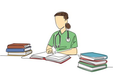 Masada steteskop takmış kitap okuyan kadın hemşire çiziyor. Final sınavından önce sıkı çalış. Ulusal Öğrenci Hemşire Günü. Devamlı çizgi tasarımı grafik çizimi