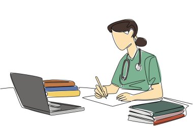 Masada steteskopla yazı yazan hemşire öğrencileri çizmeye devam ediyor. Son teori testi çevrimiçi. Elinden geleni yap. Ulusal Öğrenci Hemşire Günü. Tek çizgi çizimi tasarım vektör çizimi