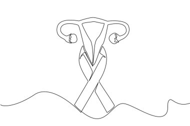 Tek sıra halinde kampanya kurdelesi ve rahim resmi. Halkın daha sağlıklı yaşaması için bilinçlendirilmesi. Kanser önlenebilir. Dünya Yumurtalık Kanseri Günü. Bir çizgi tasarımı vektör illüstrasyonu