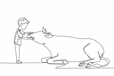 Tek sıra halinde oturan bir ineğin kafasını okşayan çocuğu çiziyor. Çok dikkatli bir şekilde okşuyor. Kendi hayvanını sevmek gibi. Küçük çoban. Ulusal Açık Çiftlik Günü. Bir çizgi tasarımı vektör illüstrasyonu