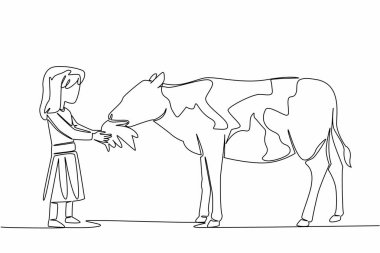 Tek bir çizgi çizerek bir kız elinde çimen tutar ve buzağıya verir. Yavruyu yavaşça besle. Yemeyi seven bir buzağı. Ulusal Açık Çiftlik Günü. Devamlı çizgi tasarımı grafik çizimi