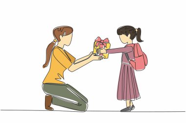 Bayan bir öğrenciyi çizen tek çizgi bir bayan öğretmene hediye paketi verir. Takdir ifadesi. Rehberlikte sabır. Ulusal Öğretmenler Günü. Devamlı çizgi tasarımı grafik çizimi