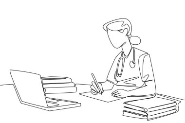 Masada steteskopla yazı yazan hemşire öğrencileri çizmeye devam ediyor. Son teori testi çevrimiçi. Elinden geleni yap. Ulusal Öğrenci Hemşire Günü. Tek çizgi çizimi tasarım vektör çizimi