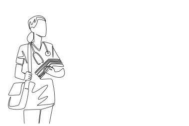 Tek sıra halinde hemşire üniforması giyen ve steteskop takan birkaç kitap taşıyan bayan hemşire çiziyor. Stajyerlik. Ulusal Öğrenci Hemşire Günü. Bir çizgi tasarımı vektör illüstrasyonu