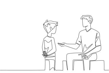 Aralıksız çizen çocuk keki arkadan tutuyor ve babama vermek istiyor. Küçük bir sürpriz yapıyorum. National Give Birisine Kek Günü. Tek çizgi çizimi tasarım vektör çizimi