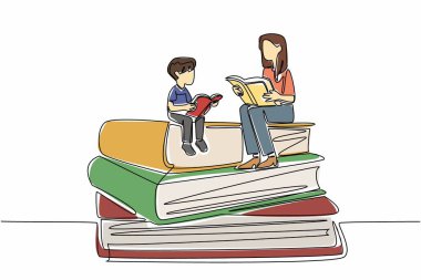 Sürekli bir satır halinde kadın öğretmen ve erkek öğrencileri kalın kitap yığınının içinde oturup kitap tutarken çiziyorlar. Öğretmene eşlik ediyorum. Ulusal Öğretmenler Günü. Tek çizgi çizimi tasarım vektör çizimi