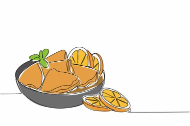 Tek sıra halinde turuncu dilimli krep ve siyah yuvarlak tabakta yapraklar çiziyor. Lezzetli tatlı menüsü. Tazelik. Ulusal Krep Suzette Günü. Bir çizgi tasarımı vektör illüstrasyonu