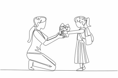 Bayan bir öğrenciyi çizen tek çizgi bir bayan öğretmene hediye paketi verir. Takdir ifadesi. Rehberlikte sabır. Ulusal Öğretmenler Günü. Devamlı çizgi tasarımı grafik çizimi