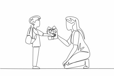 Erkek öğrencinin sürekli çizdiği bir çizgi bayan öğretmene hediye kutusu veriyor. Öğretmenler isimsiz kahramanlardır. Minnettarlık ifadesi. Ulusal Öğretmenler Günü. Tek çizgi çizimi tasarım vektör çizimi