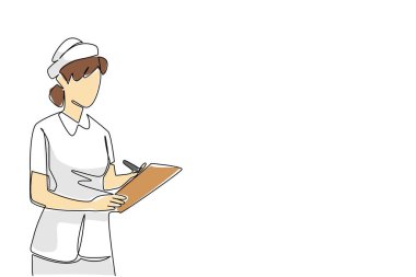 Tek sıra halinde hemşire şapkası takmış, elinde not panosu olan ve panoya yazı yazan genç bir hemşire çiziyor. Hastaların bilgilerini kaydet. Ulusal Hemşireler Günü. Bir çizgi tasarımı vektör illüstrasyonu