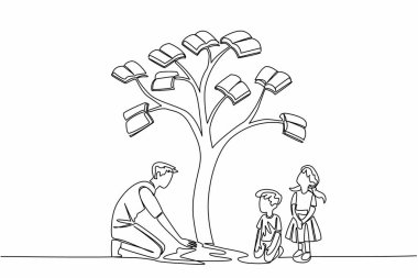 Erkek öğretmenin çizdiği tek satır yaprakları kitap olan bir ağaç diker. Okumaya olan ilginin artmasında bir rol oyna. Eğitim. Ulusal Öğretmenler Günü. Devamlı çizgi tasarımı grafik çizimi