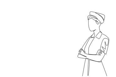 Hemşire şapkasıyla karnının önünde kollarını kavuşturan tek sıra hemşire. Acil durum biriminde beklemede kalın. Görev başında. Ulusal Hemşireler Günü. Bir çizgi tasarımı vektör illüstrasyonu