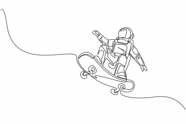 Astronot çizen tek sıra kaykay oynuyor. Boşlukta ekstrem sporlar yapmak. Uzayı keşfederken sağlıklı kalmak. Ulusal Astronot Günü. Bir çizgi tasarımı vektör illüstrasyonu