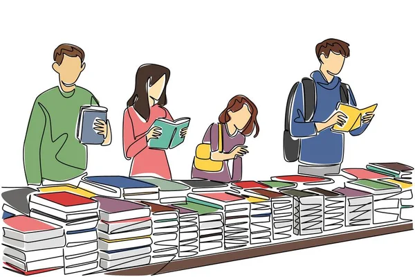 Tek sıra halinde ayakta duran bir grup kadın ve erkek çeşitli kitap yığınları arasından kitap seçiyor. Ucuz kitap pazarı. Sat gitsin. Ulusal Küçük İş Günü. Devamlı çizgi tasarımı grafik çizimi