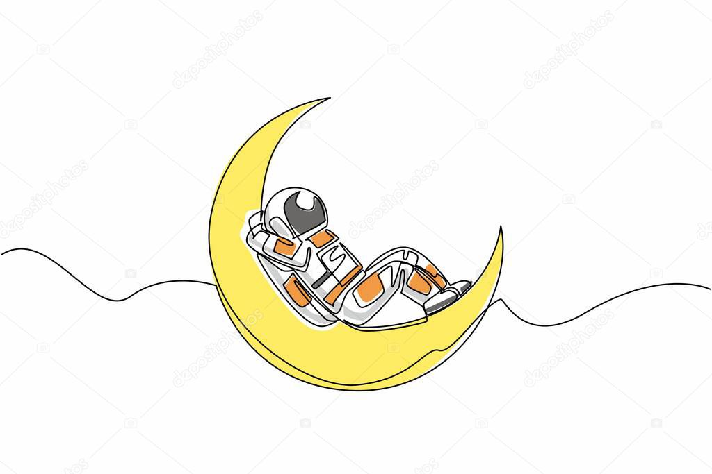 Single continuous line drawing astronaut lying on the crescent moon. An easy way to relax in space. Space exploration. Deep asleep. Science. National Astronaut Day. One line design vector illustration