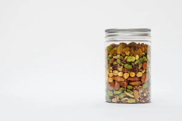 Variety Nuts Beans Plastic Jar Isolated White Background — Stock Photo, Image