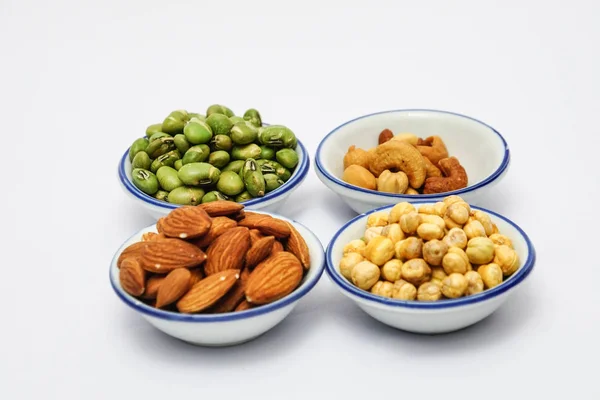 Collection Organic Cashew Nuts Almonds Hazelnuts Green Beans Bowls White — Stock Photo, Image