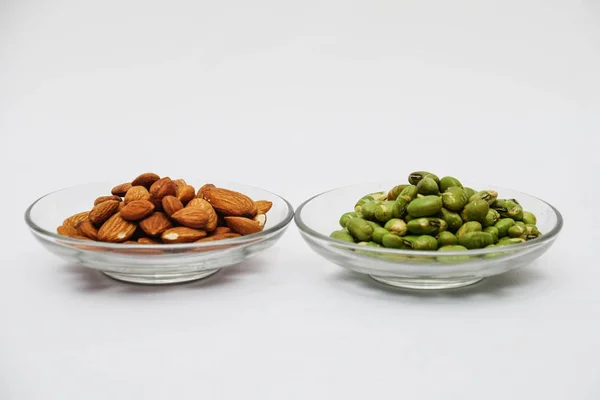 Almond Nuts Pile Green Beans White Background — Stock Photo, Image