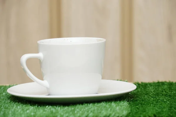 Cup Black Coffee Fake Grass Background — Stock Photo, Image