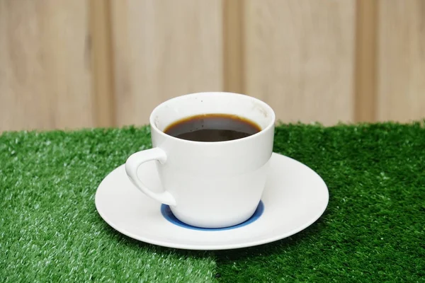 Cup Black Coffee Fake Grass Background — Stock Photo, Image