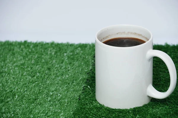 Cup Black Coffee Fake Grass Background — Stock Photo, Image