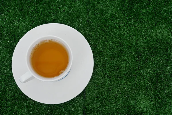 Čerstvý Aromatický Čaj Bílém Šálku Zelené Travní Pozadí — Stock fotografie
