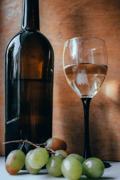 Wine Bottle Glass Wooden Board — Stock Photo, Image