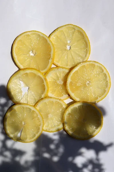 Sliced lemons on a white background