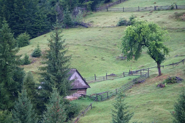 Starý dřevěný dům v horách obklopený plotem — Stock fotografie