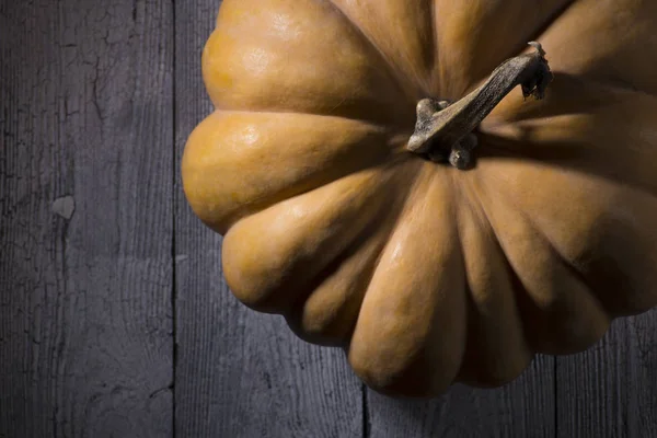 Une grosse citrouille orange sur fond bois vue d'en haut. Action de grâce et citrouille d'Halloween — Photo